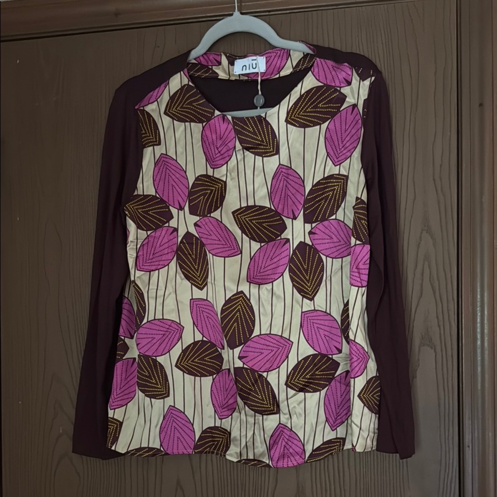 NIU blouse Women's Pink and Brown Leaf Print Top